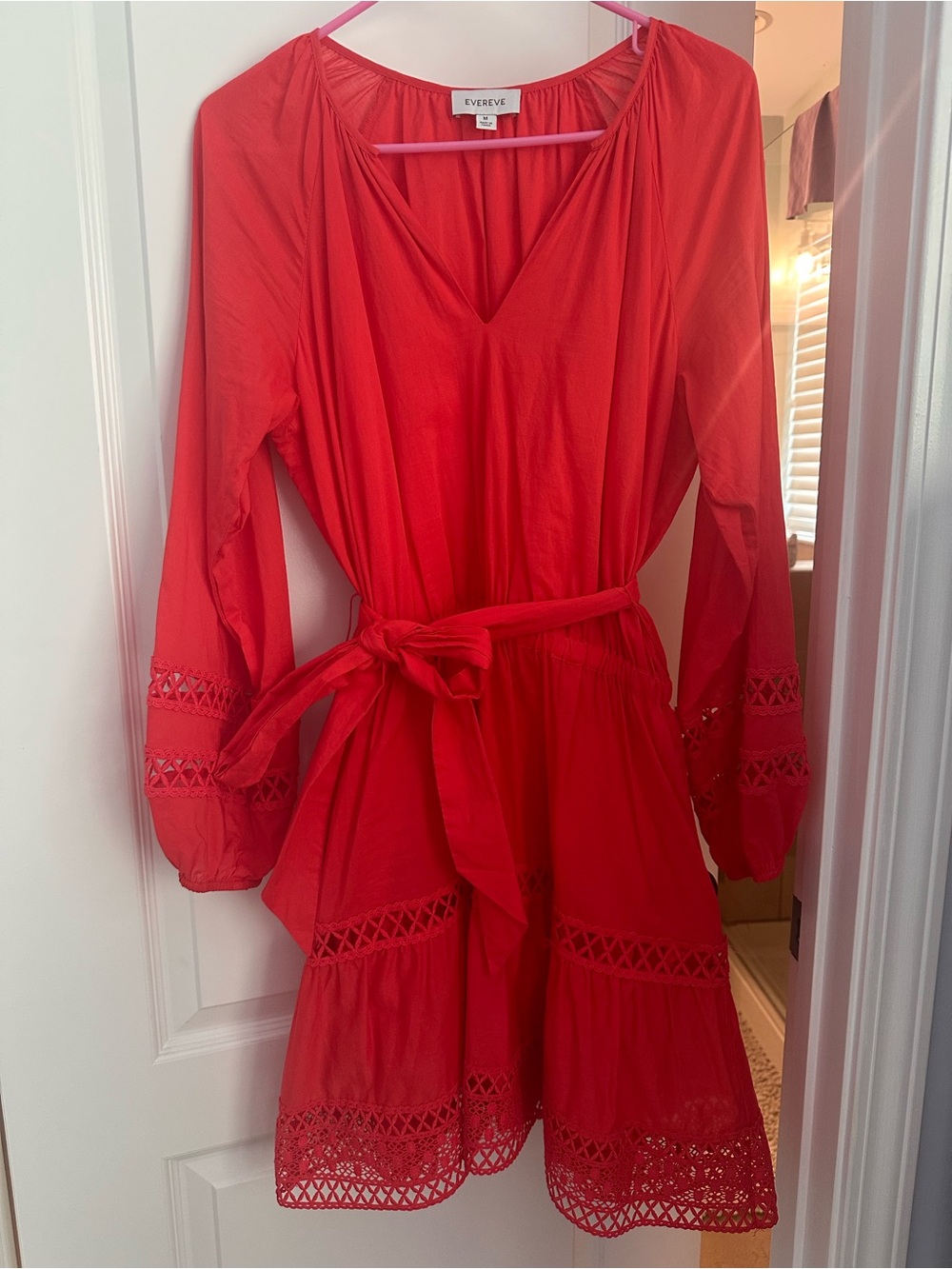 Evereve Reddish Orange Long Sleeve Belted Lace Trim Dress